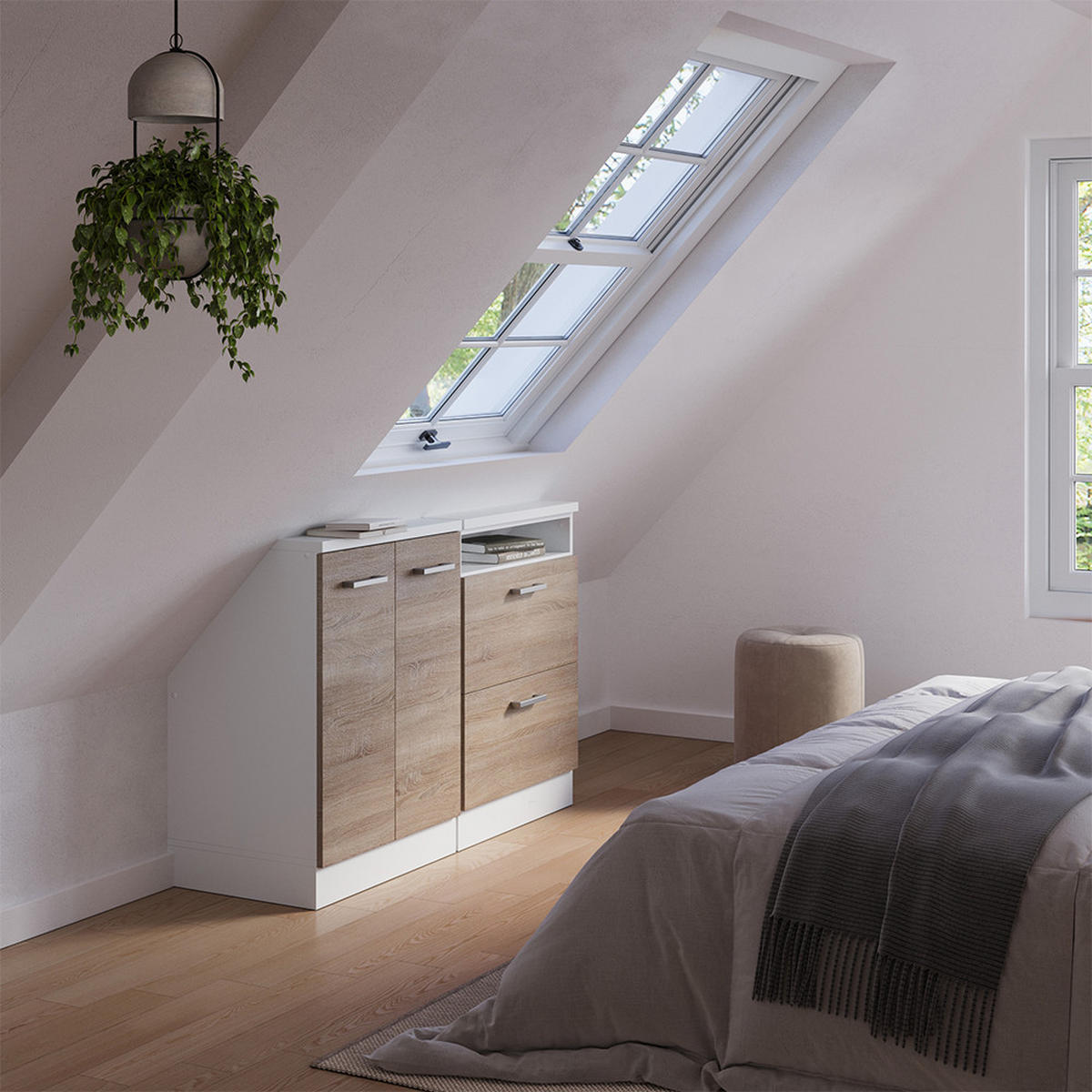 KUCHYŇSKÁ SKŘÍŇKA POD ŠIKMOU STŘECHU R-Line Sonoma/bílá - bílá/Sonoma dub, kompozitní dřevo (120/81.6/46cm) - Vicco