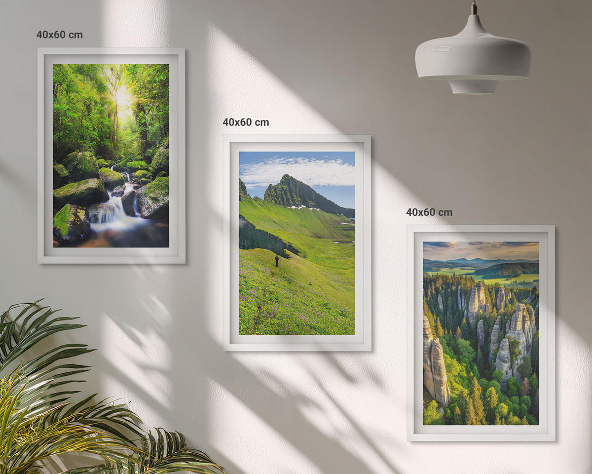 BILDER SET 3er Set - 40x60 cm Weißer Rahmen - Grüne Berge Wasserfallwald - Weiß, Kunststoff (40/60cm) - TULUP