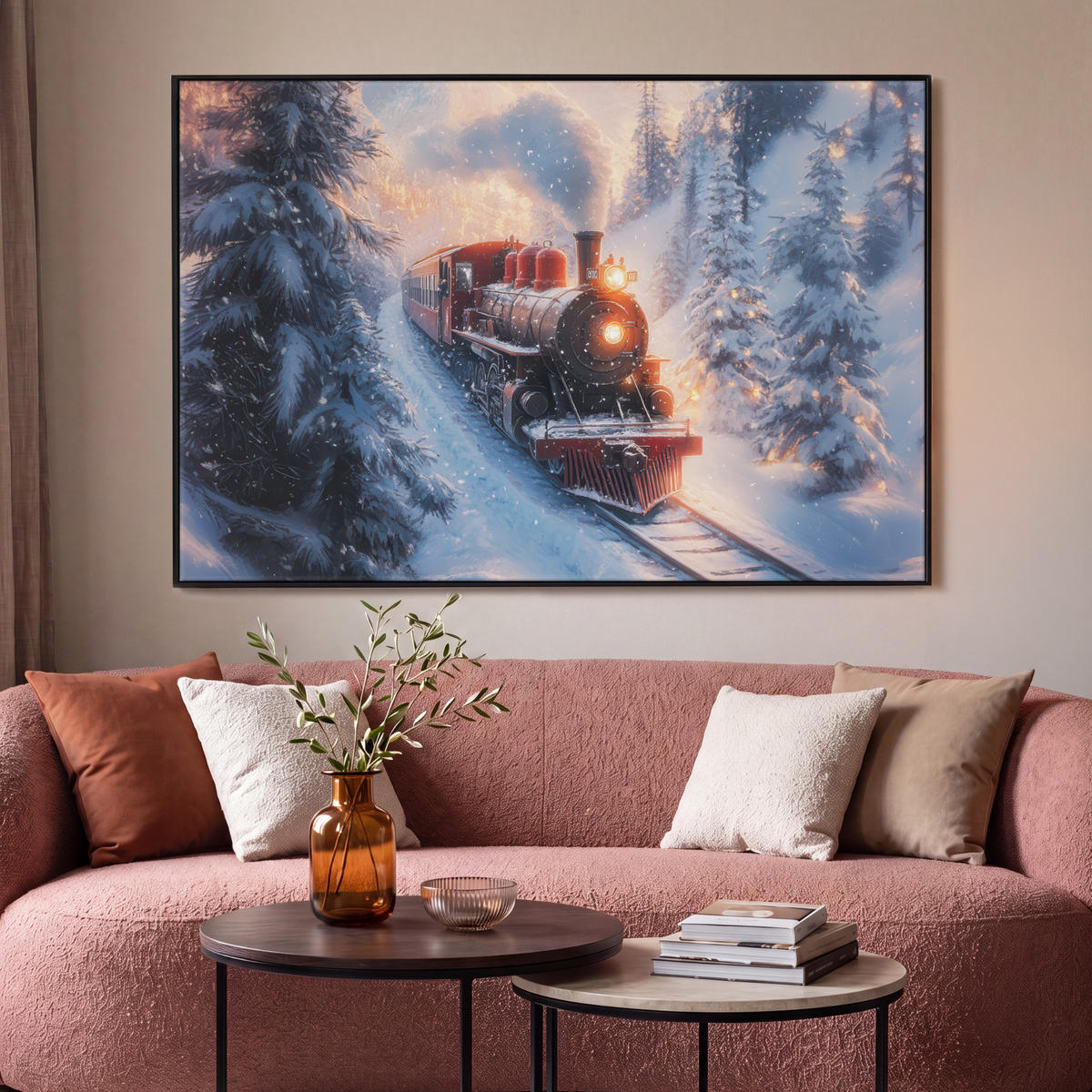 LEINWAND Bilder mit Rahmen - Weihnachtszug - Schnee - Winter - Weihnachten - 120x80 - Dunkelrot, Textil (120/80cm) - MuchoWow