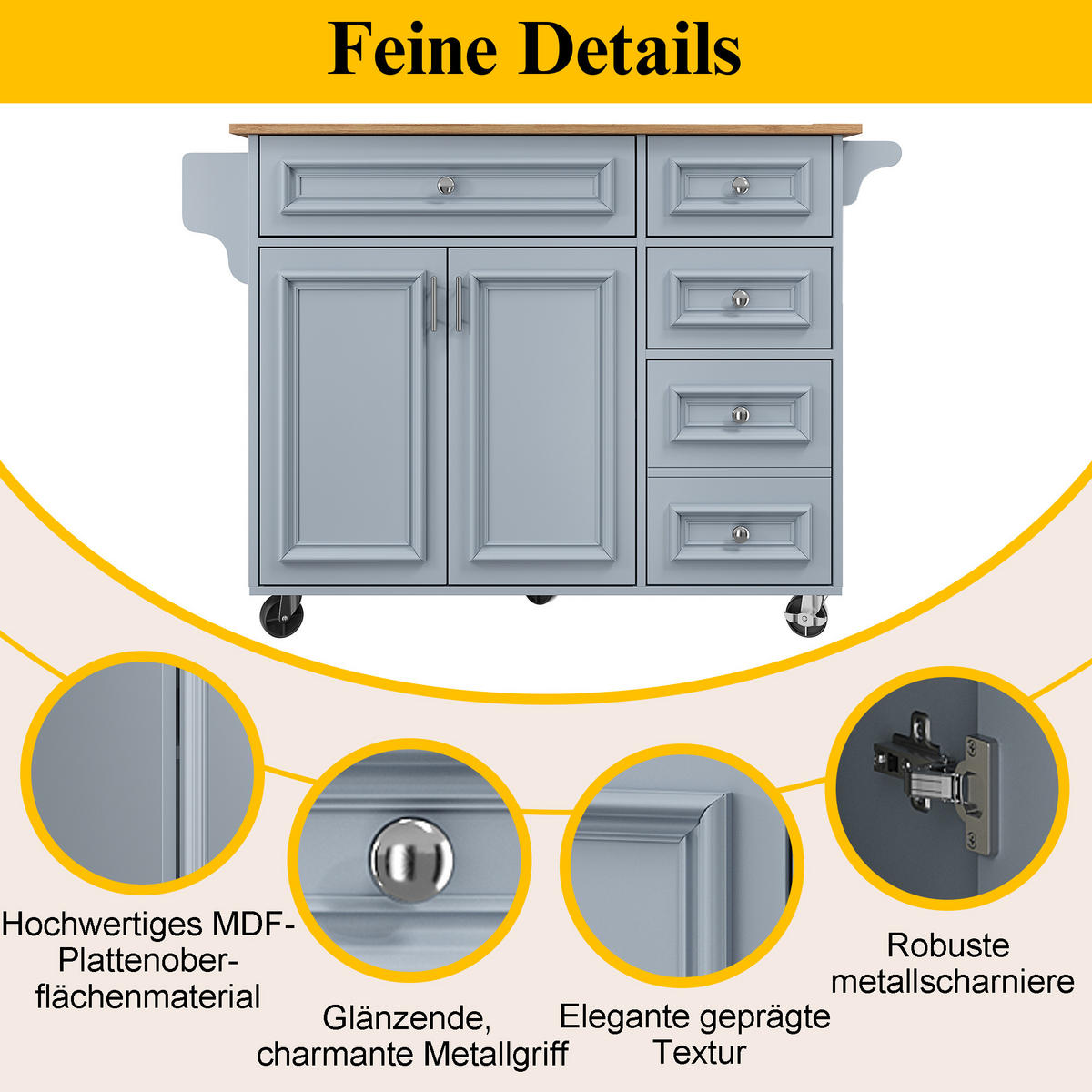 KÜCHENWAGEN 110x75x92cm Blau mit verstellbaren Fächern & Schubladen - Blau, Holzwerkstoff (110/92/75cm) - Modfu