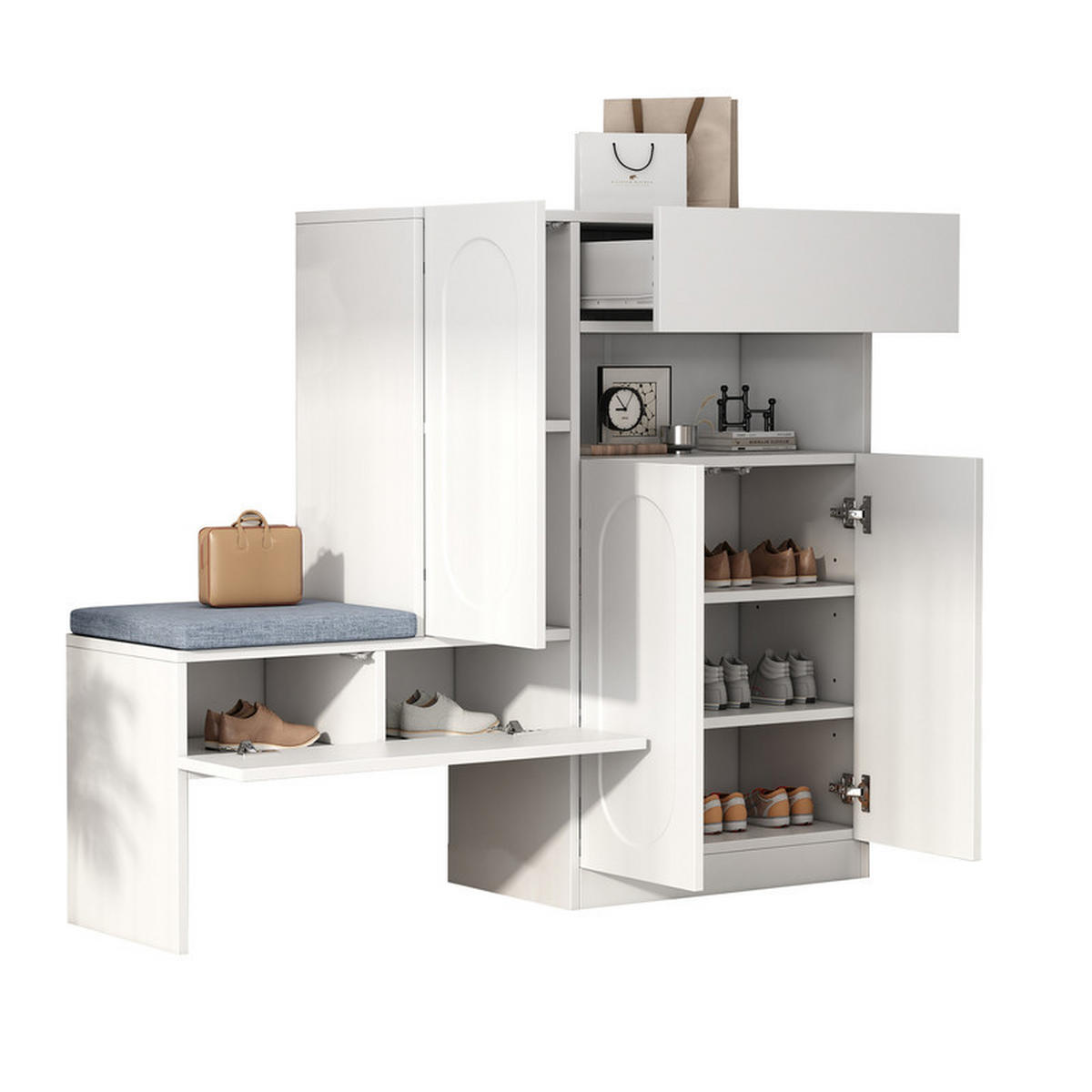SCHUHSCHRANK 2-IN-1 WEISS mit gewölbten Türen Soft-Close und Sitzbank 130x35x110 cm - Weiß, Holzwerkstoff (35/110/130cm) - Fuleadture