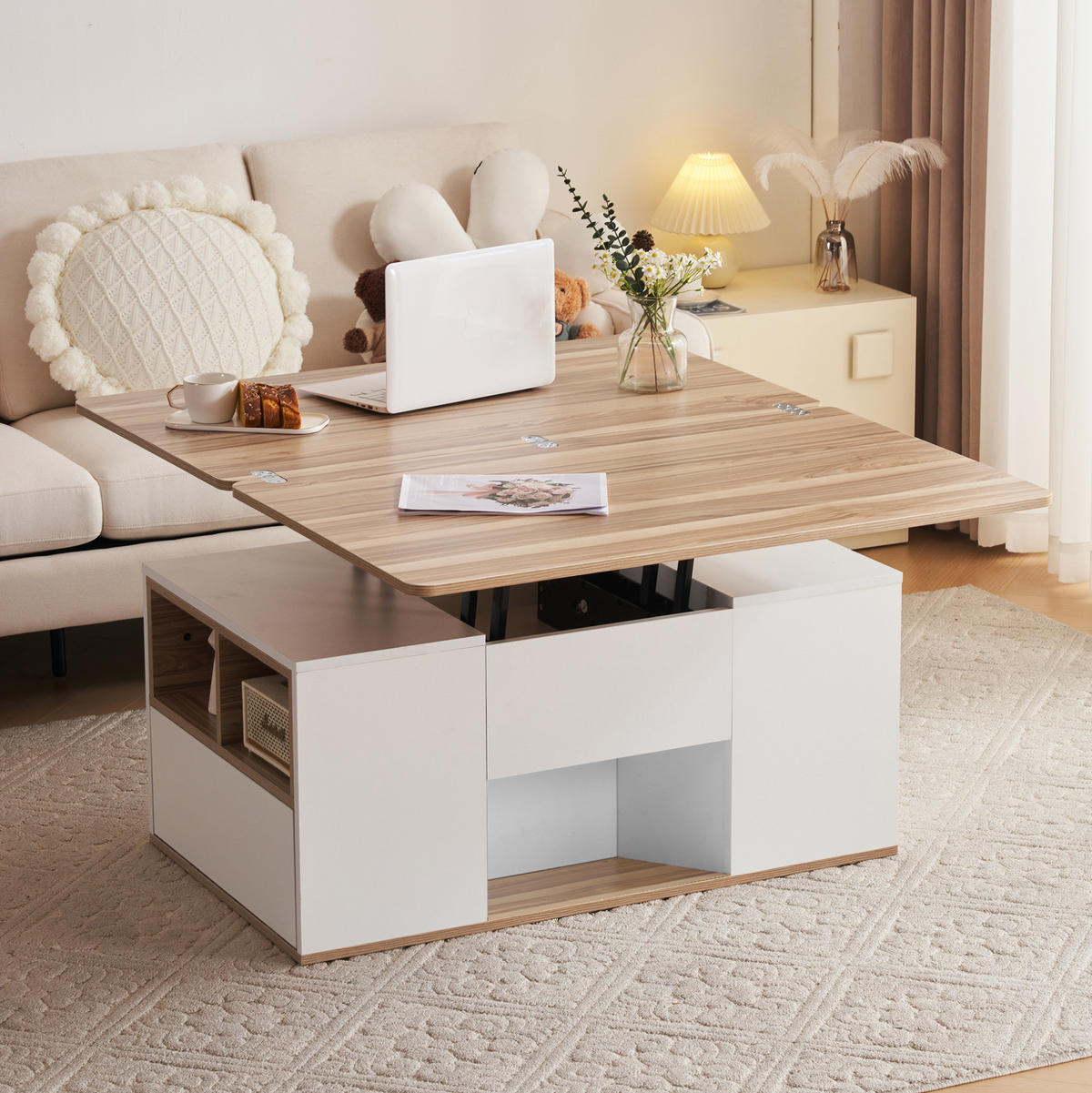 COUCHTISCH aus Spanplatte 100x51x47 cm in Weiß mit höhenverstellbarer Tischplatte - Weiß, Holzwerkstoff (100/51/47cm) - Modfu