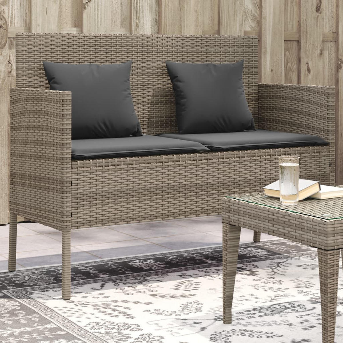 GARTENBANK mit Kissen Grau Poly Rattan - Grau, Kunststoff (113/87/61cm) - furnicato