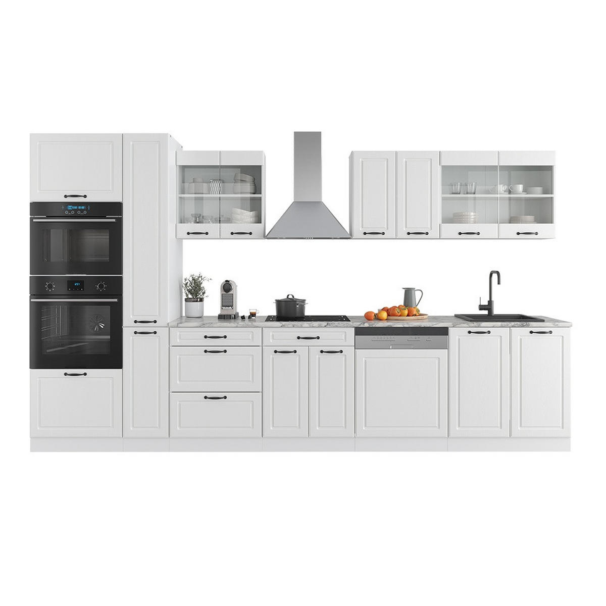 KUHINJSKI BLOK R-Line Seoska Bijela / Bijela 350 cm s visokim ormarićem, bez radne ploče - bijela, drvni materijal (350/206.8/46cm) - Vicco