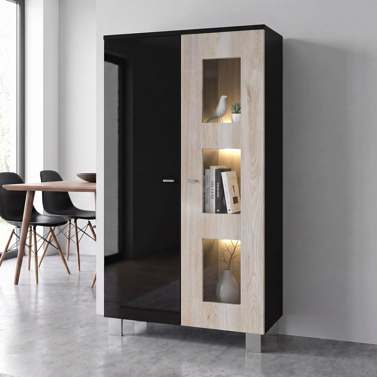 VITRINE Denjo Tür in Eiche Nordic - Silbereichenfarben, Holzwerkstoff (71/129/35cm) - Vladon