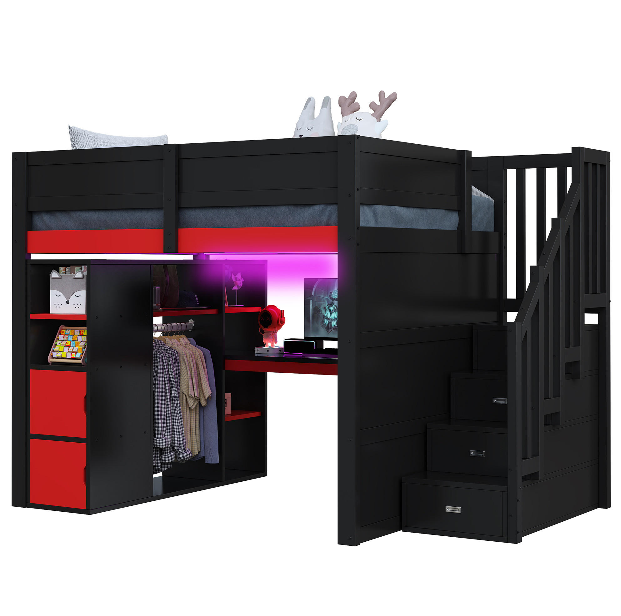 HOCHBETT 140/200 cm aus Holzwerkstoff mit Schreibtisch und LED-Beleuchtung Schwarz/Rot - Schwarz, Holzwerkstoff (140/200cm) - Modenvie