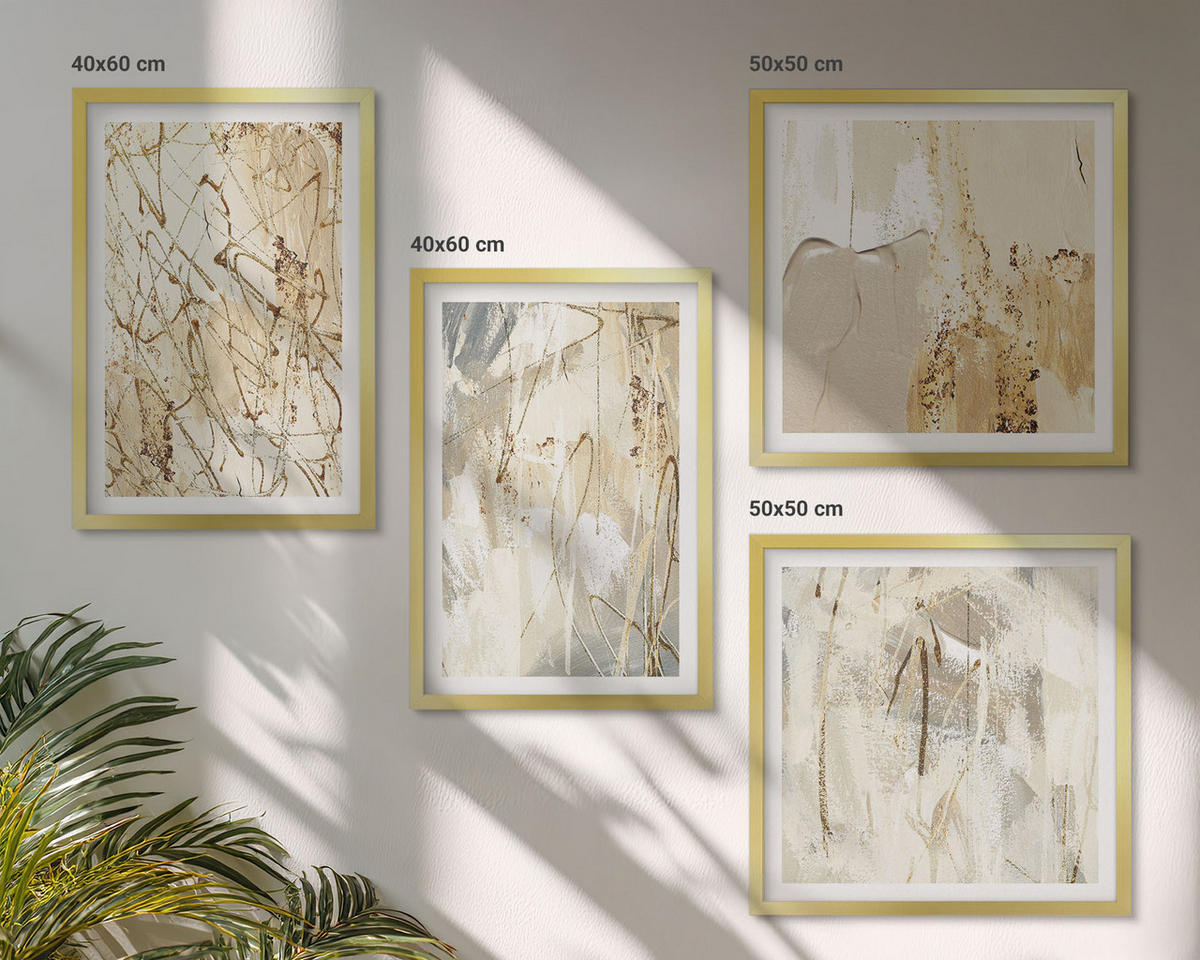 BILDER SET 4er Set - 50x50 cm & 40x60 cm Goldrahmen - Beige abstrakte Formen Linien - Goldfarben, Kunststoff (50/50cm) - TULUP