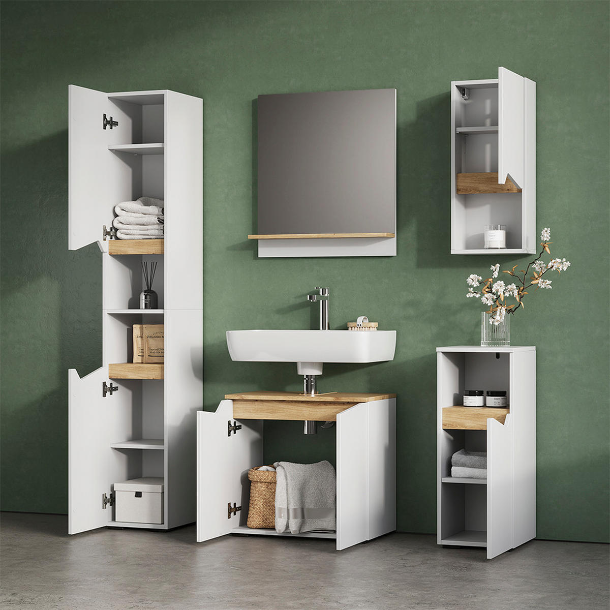 BADMÖBEL-KOMBINATION Timavo Weiß 5 Teile - Weiß/Eiche Artisan, Holzwerkstoff (60/57/35cm) - Livinity®