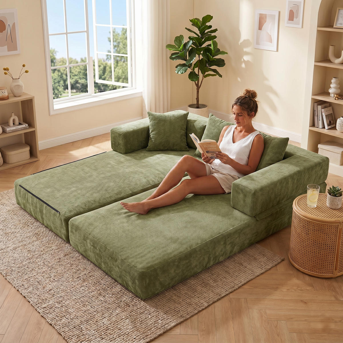 SCHLAFSOFA, Klappbares Bodensofa, Modulares Polstersofa Chenille, Grün - Grün, Textil (79/60/198cm) - LVHOM