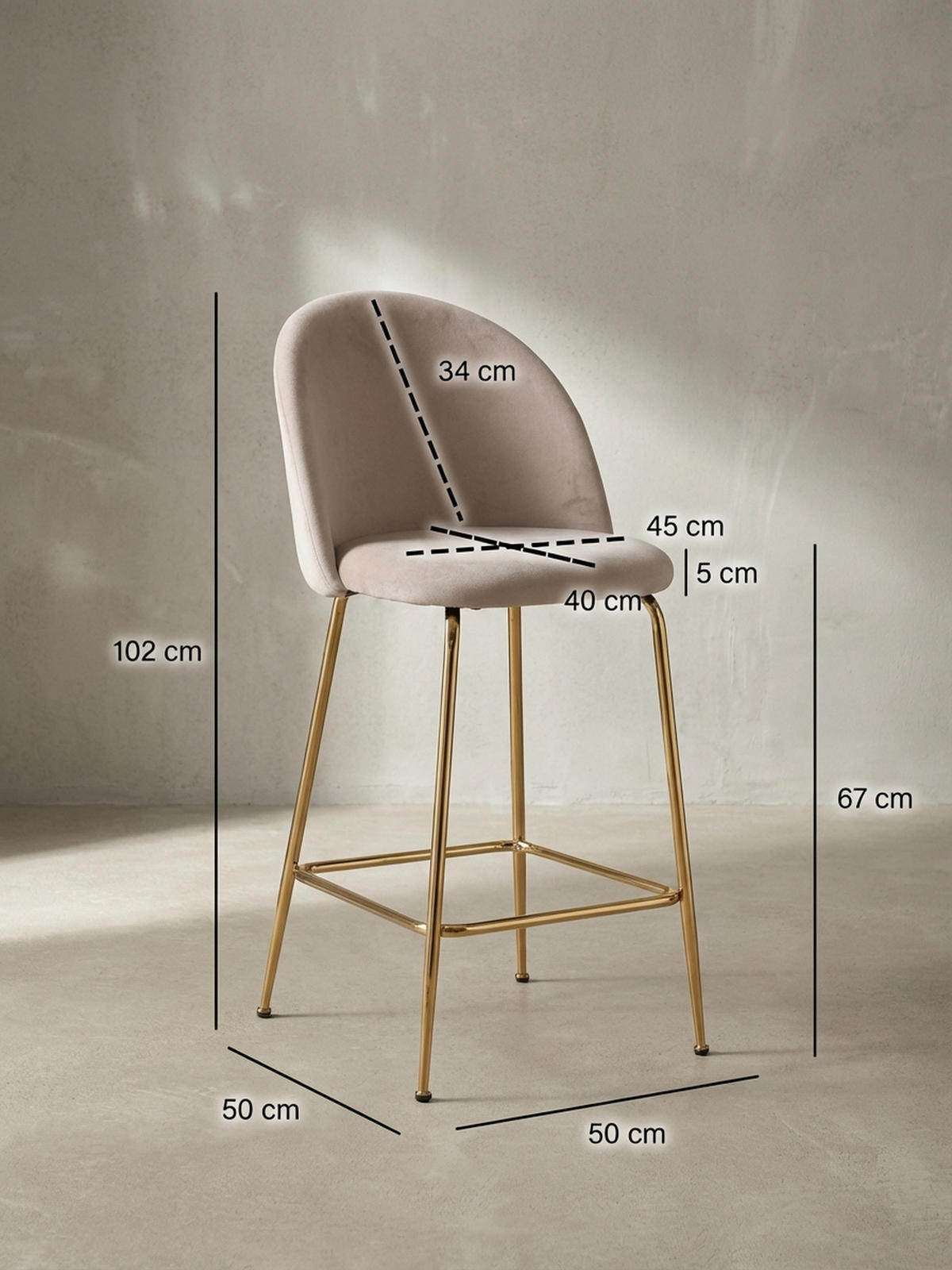 BARHOCKER 2er Set Samt Lehne Goldgestell Skandi-Stil Gepolstert, Beige 50x50x102 cm - Beige/Goldfarben, Textil/Metall (50/102/50cm) - KADIMA DESIGN