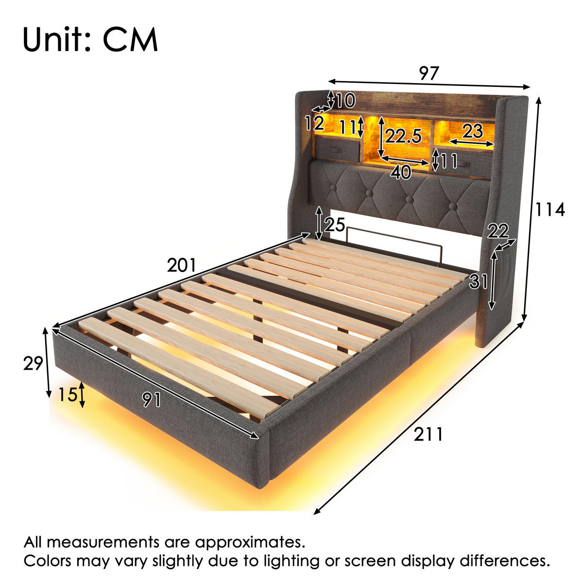 POLSTERBETT aus Leinen 90x200 cm in Grau mit LED & Matratze - Grau, Textil (90/200cm) - Modfu