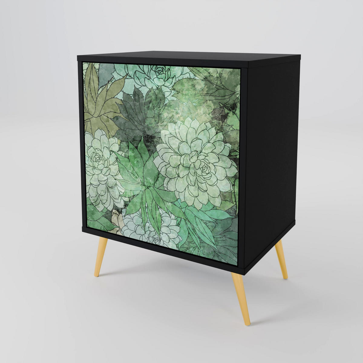 SIDEBOARD SUCCULENT CLUSTER, Schwarz, 57,5x42x72,5 cm, Schwarze Metallfüße - Multicolor/Schwarz, Holzwerkstoff/Metall (57.5/72.5/42cm) - SpaceRebels