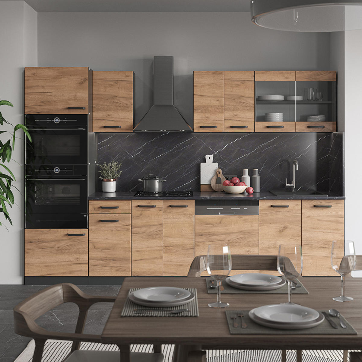 KÜCHENZEILE R-Line Goldkraft Eiche/Anthrazit 300 cm mit Hochschrank AP Eiche - Honigeiche/Anthrazit, Holzwerkstoff (300/81.6/60cm) - Vicco