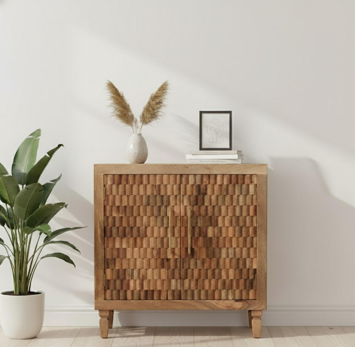 SCHRANK Marbella, 2 Türen und 2 Regale, Hellbraun - Beige/Messingfarben, Holz/Metall (85/86/35cm) - Artisan Furniture