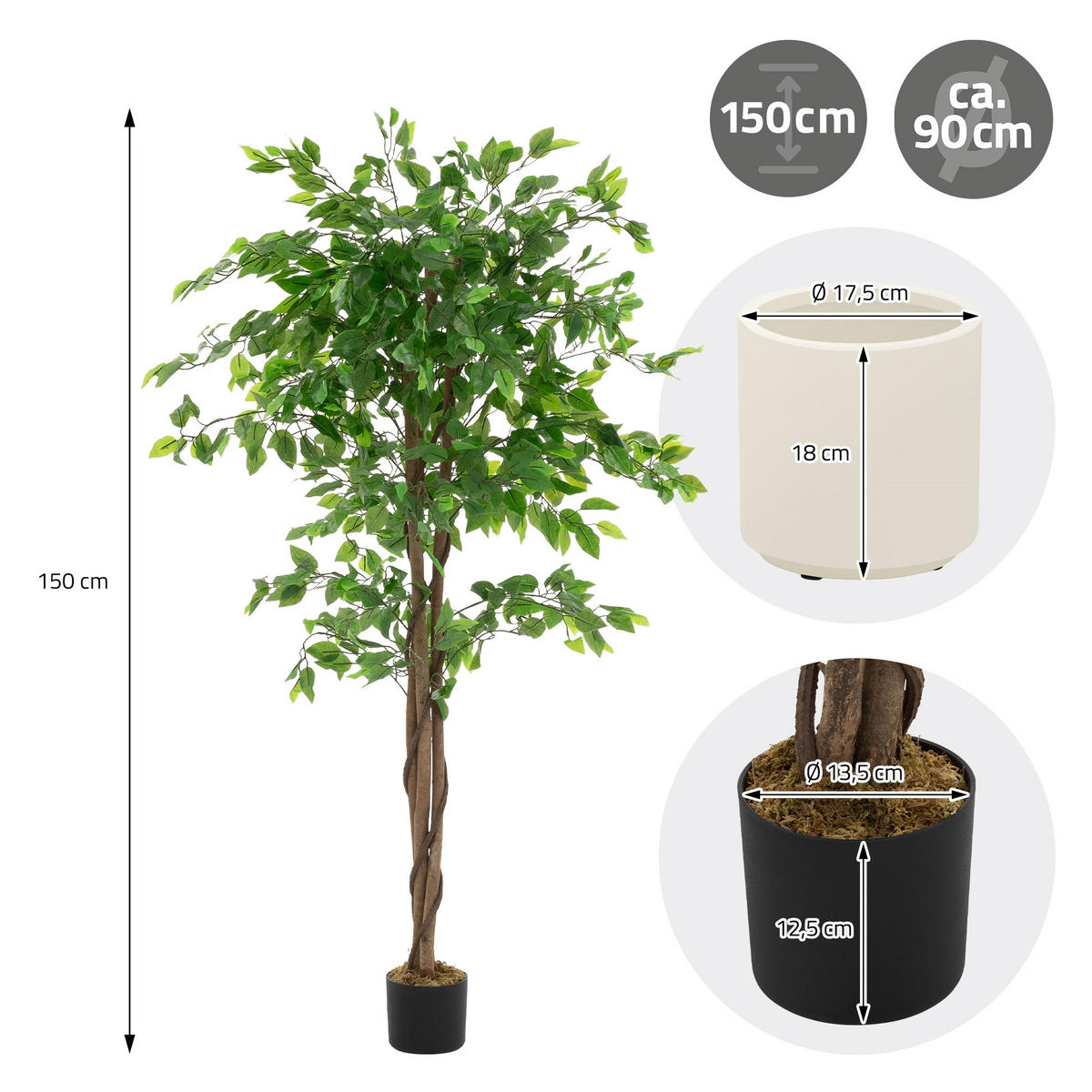 KUNSTPFLANZE Ficus 150 cm mit Naturholzstamm für Innen/Außen - Schwarz/Grün, Kunststoff/Textil (150cm) - ML-DESIGN