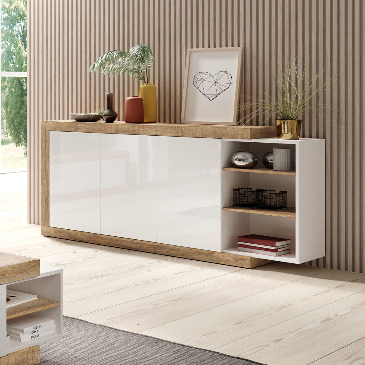 SIDEBOARD Azior Weiß und Holz - Weiß, Holzwerkstoff (220/85.7/40cm) - Petits-meubles