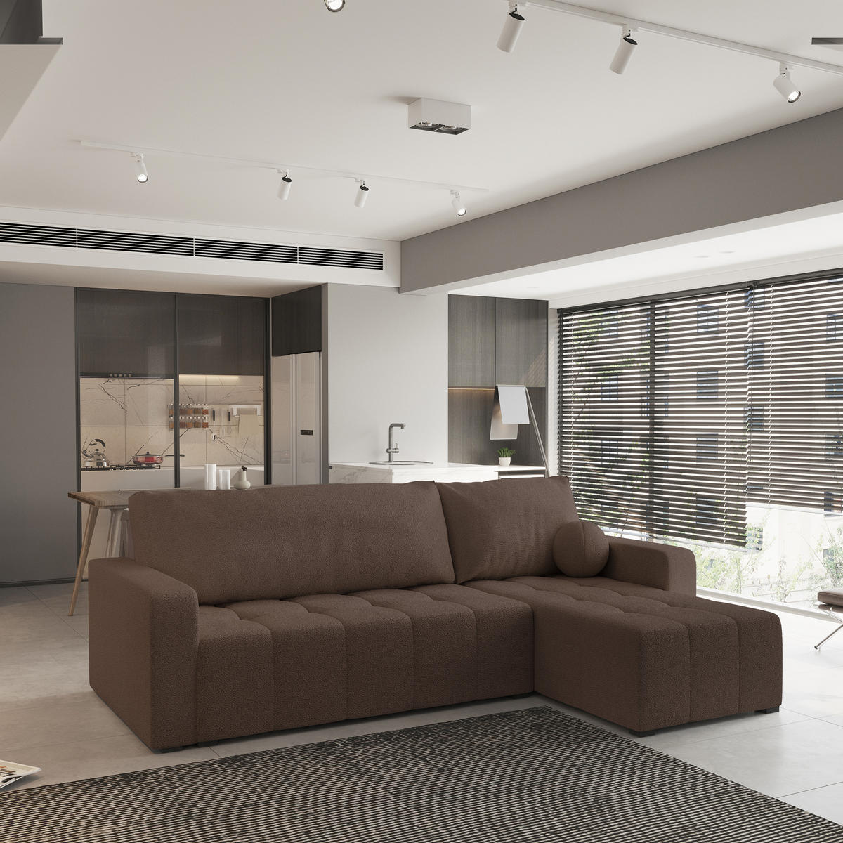 ECKSOFA VOLIRA Braun Boucle-Stoff mit Schlaffunktion - Braun, Holz (230/143cm) - MASSENO