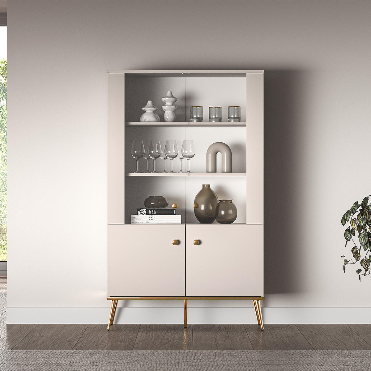 VITRÍNA Olivia Kašmír - béžová, kompozitní dřevo (92/152/40cm) - Petits-meubles