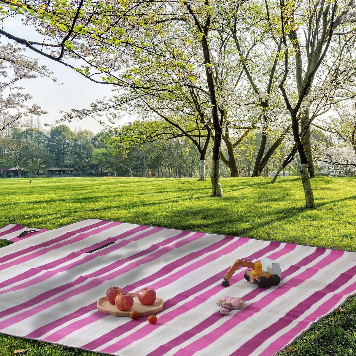 PICKNICKDECKE XXL 200x200 ecoline 100% recyceltes Fleece Streifen pink - Weiß, Textil (200/200cm) - wometo