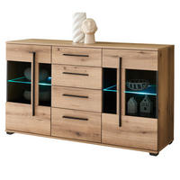 SIDEBOARD Eiche Evoke, Kommode 150 cm mit Beleuchtung - Eichefarben/Schwarz, Glas/Holzwerkstoff (150/86/42cm) - Furn.Design