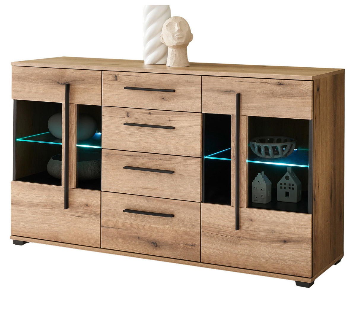 SIDEBOARD Eiche Evoke, Kommode 150 cm mit Beleuchtung - Eichefarben/Schwarz, Glas/Holzwerkstoff (150/86/42cm) - Furn.Design