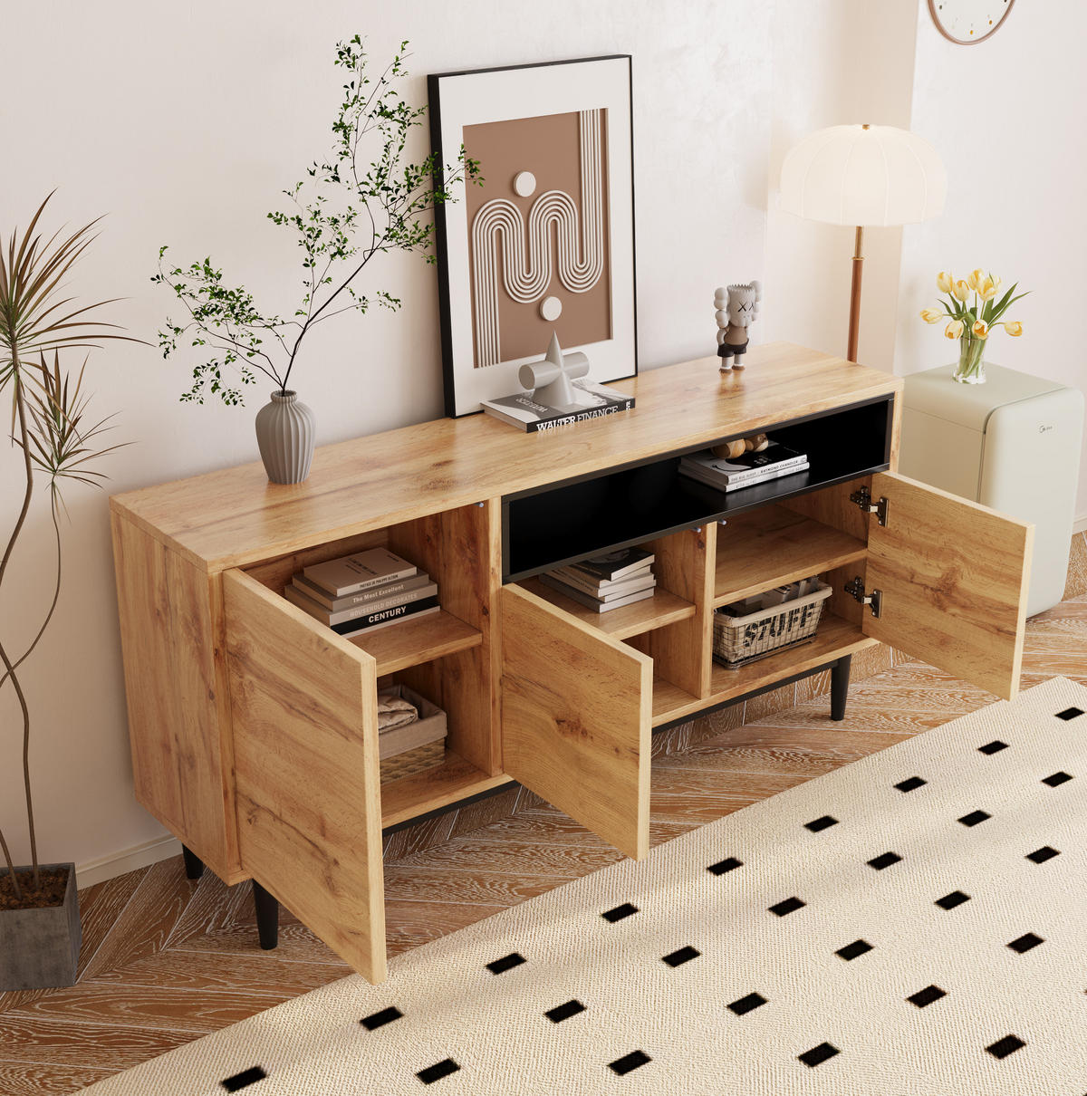 SIDEBOARD aus MDF mit 3 Türen und verstellbaren Einlegeböden, 160/35/76 cm, Schwarz und Natur - Naturfarben, Holzwerkstoff (160/76/35cm) - Redom