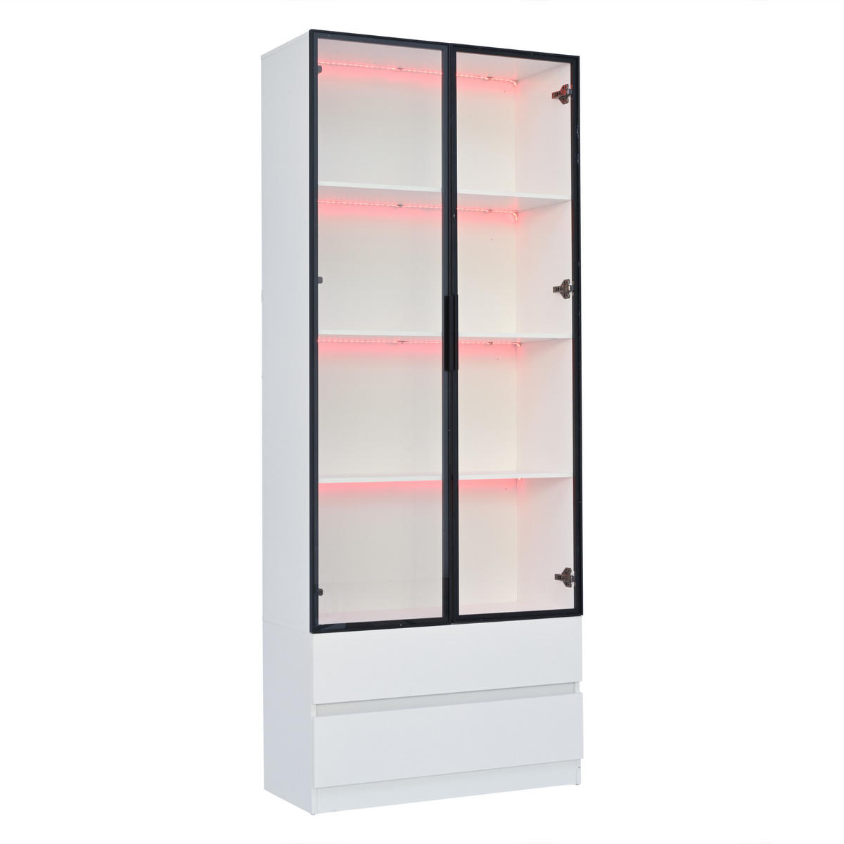 VITRINE LED Hochschrank 2 Türen 2 Schubladen Weiß - Weiß, Holzwerkstoff (80/200/34cm) - FLIEKS