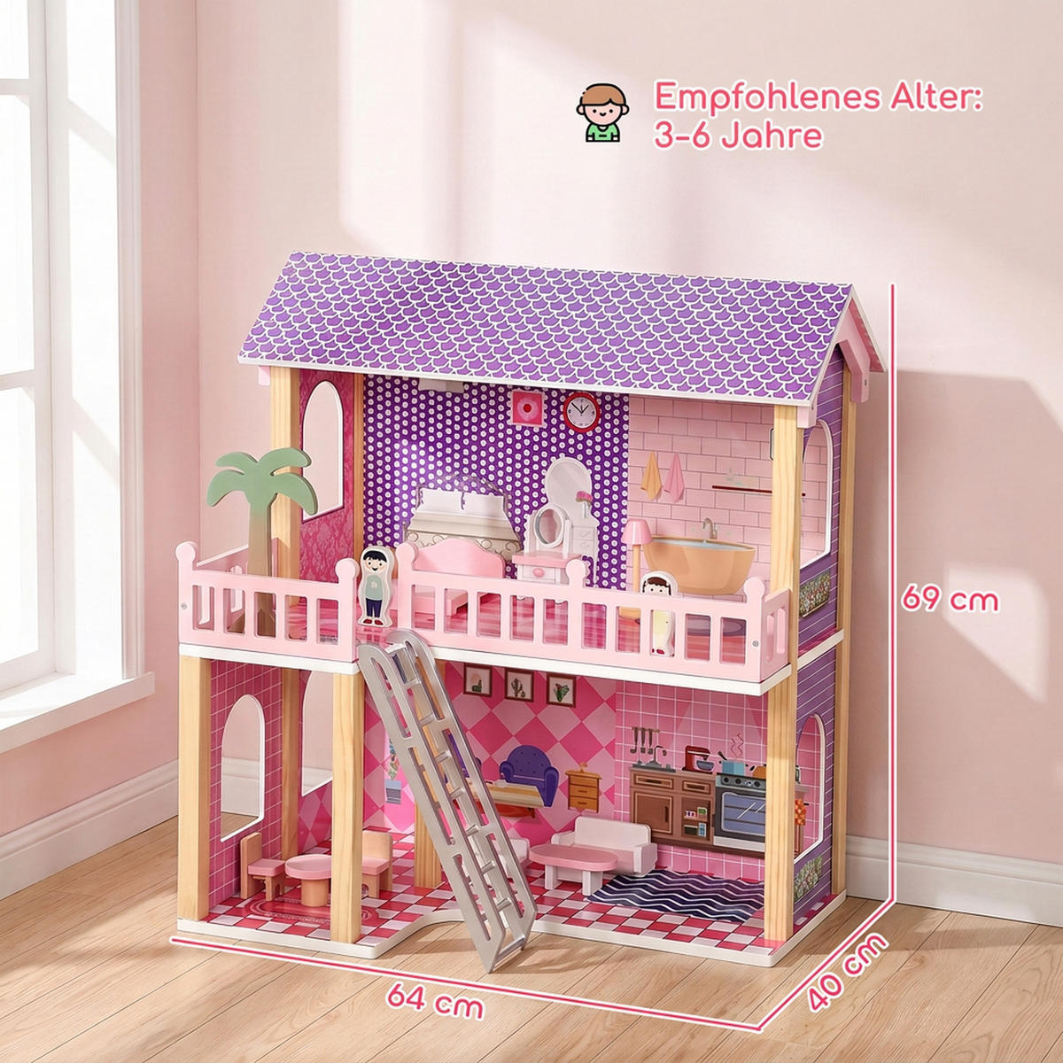 PUPPENHAUS MDF Kiefernholz Rosa - Rosa, Holzwerkstoff (40/69/64cm) - AIYAPLAY