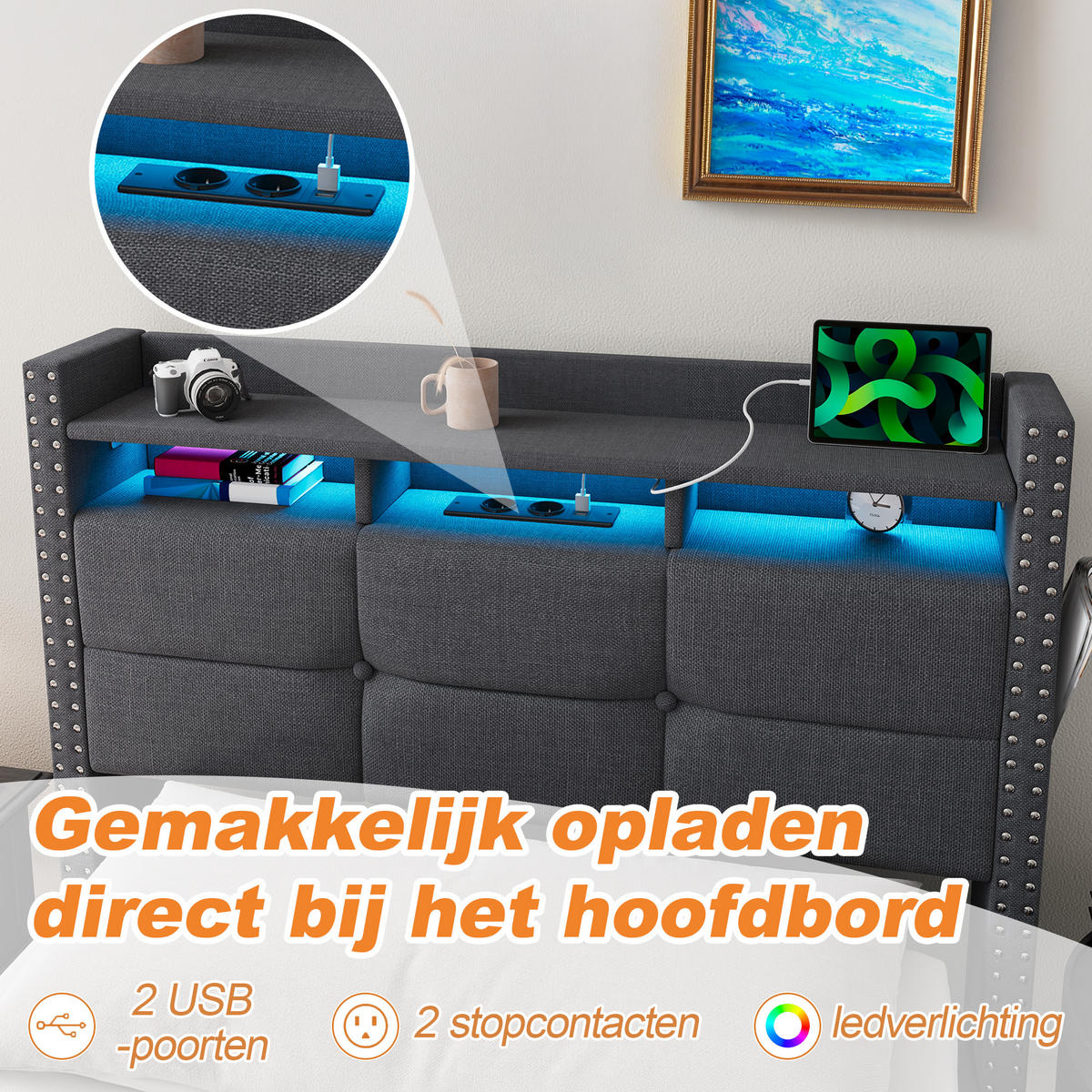 POLSTERBETT 218/101/107 cm aus Leinenstoff mit hydraulischem Stauraum, LED & Ladeanschlüssen, Dunkelgrau - Dunkelgrau, Textil (90/200cm) - OKMYHOME