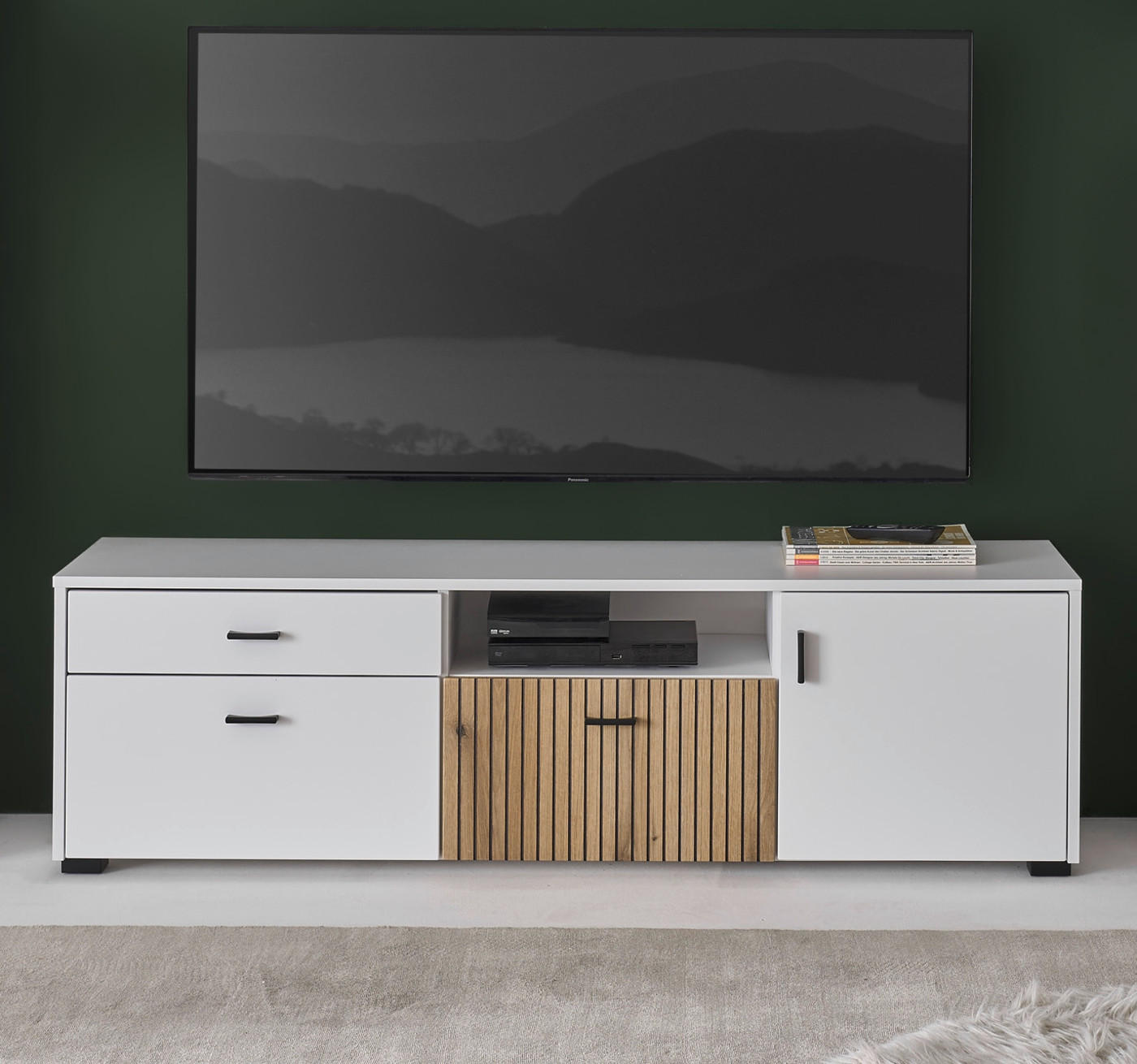 TV-LOWBOARD weiß matt, Eiche 150 x 44 cm, TV Unterteil mit viel Stauraum und Soft-Close - Eichefarben/Schwarz, Holzwerkstoff/Kunststoff (150/44/42cm) - Furn.Design