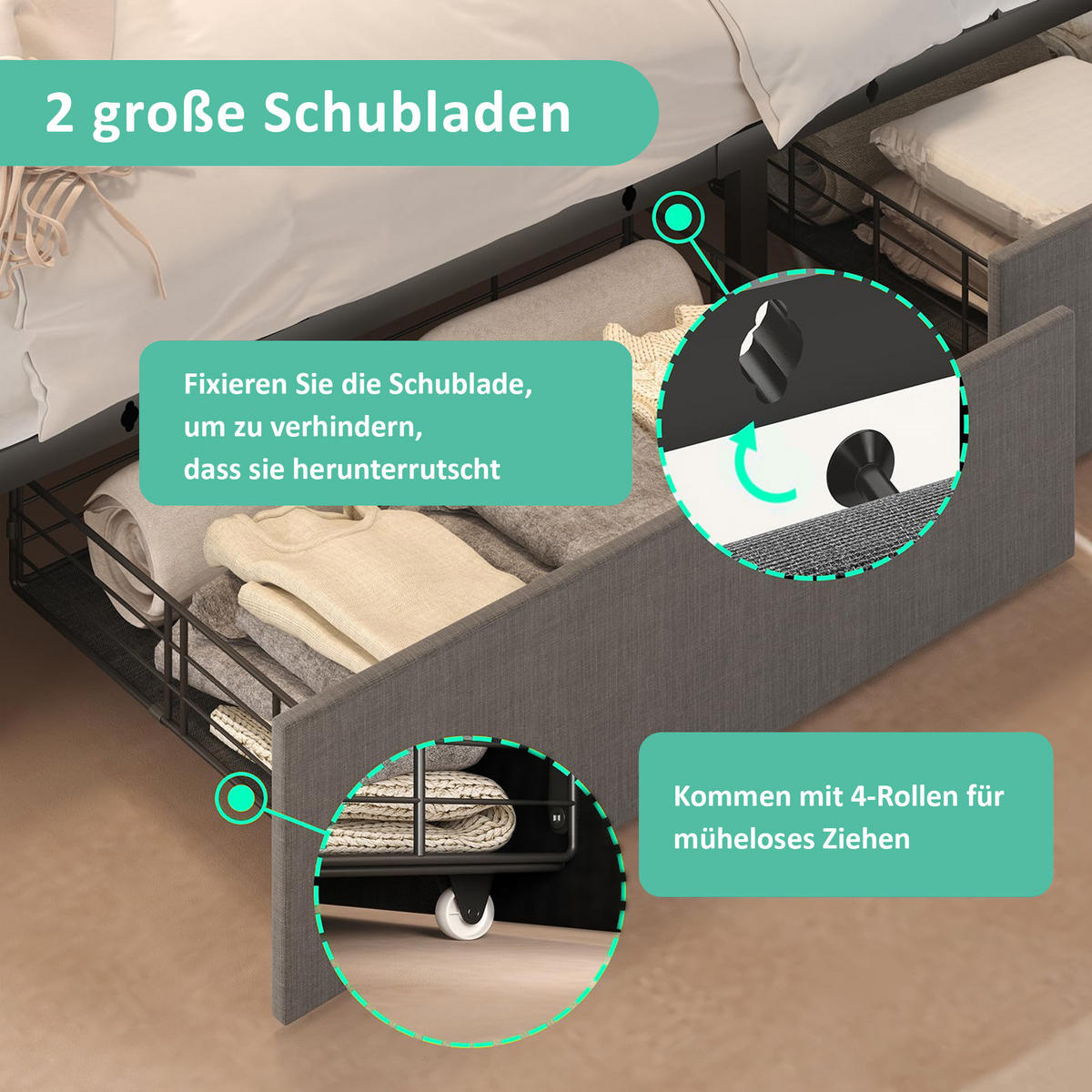 POLSTERBETT 90/200 cm mit LED-Beleuchtung, USB-C und 2 Schubladen, Leinenbezug, und Matratze，Grau - Grau, Textil - Redom