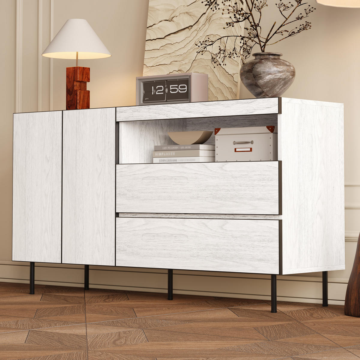 SIDEBOARD modern 2 Türen 2 Schubladen offene Regale - Weiß, Holzwerkstoff (140/77/42cm) - LEBENLANG
