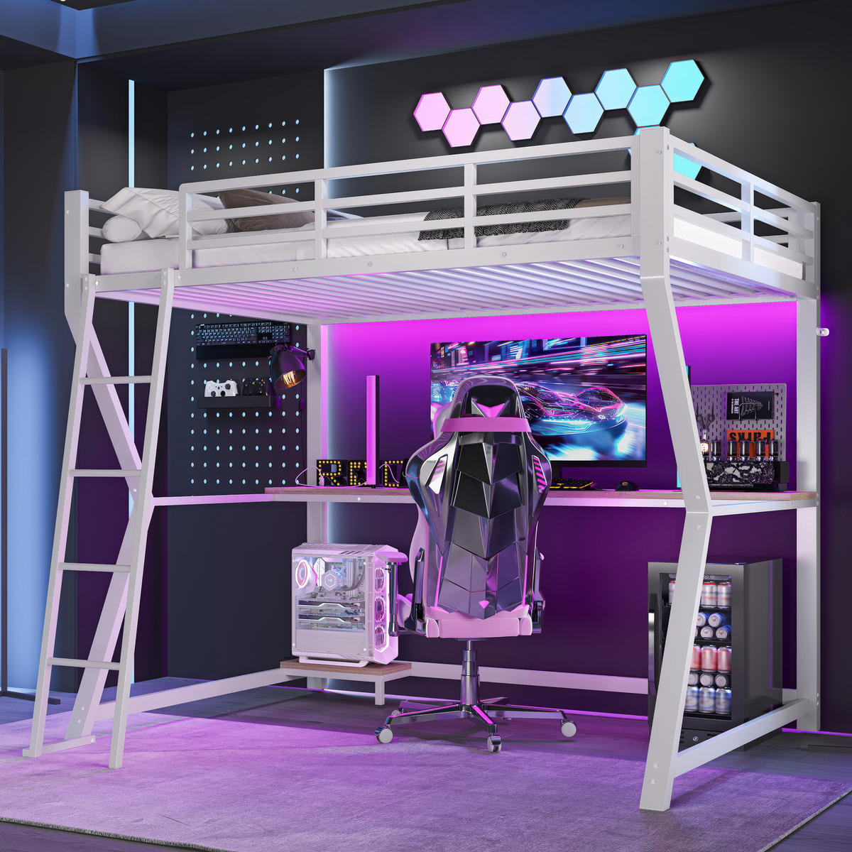 HOCHBETT 90x200cm Weiß LED-Licht Computerablage Schreibtisch USB - Weiß, Metall (90/200cm) - FLIEKS