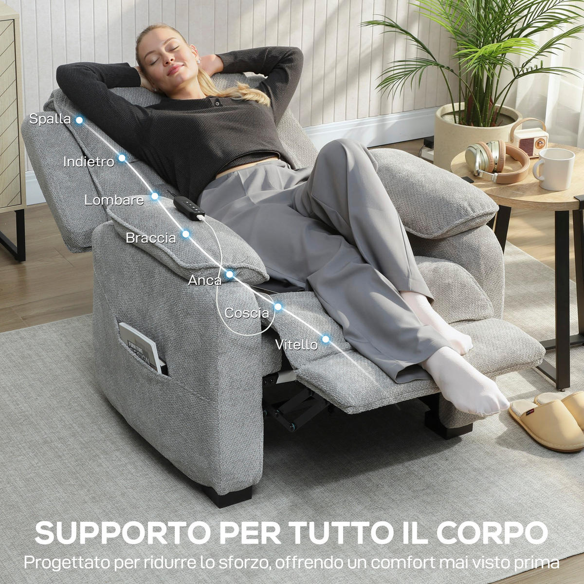 RELAXSESSEL,150° Samtoptik Fußstütze Fernbedienung Seitentasche,grau - Grau, Textil (90/103/96cm) - Vallsero