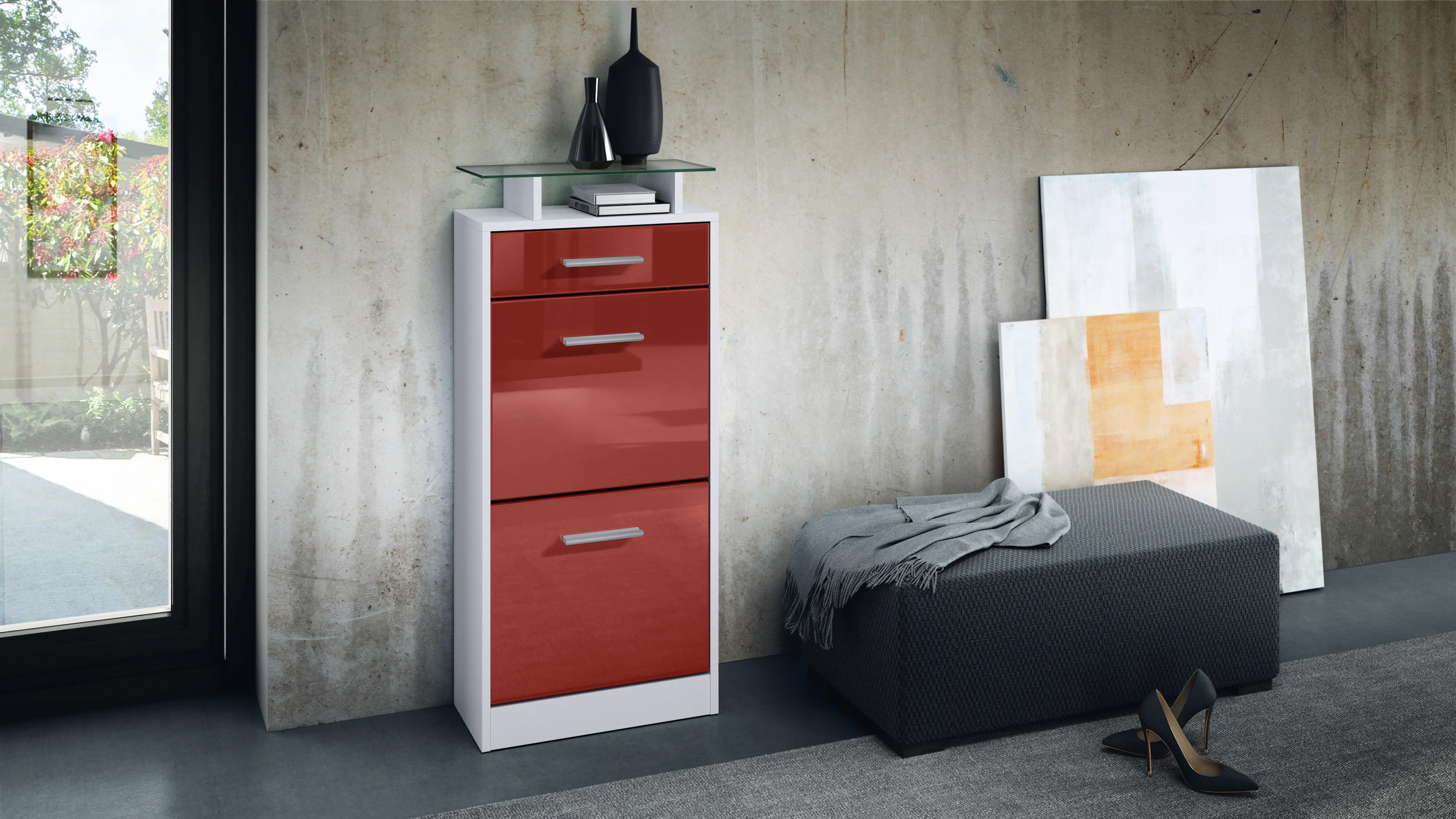 SCHUHSCHRANK Loret Front in Bordeaux Hochglanz - Bordeaux, Holzwerkstoff (46/104/23cm) - Vladon