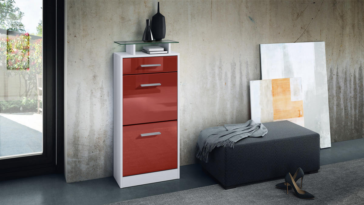 SCHUHSCHRANK Loret Front in Bordeaux Hochglanz - Bordeaux, Holzwerkstoff (46/104/23cm) - Vladon