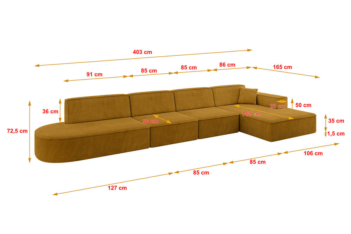 ECKSOFA Ottomane Rechts IREA-L3-v4 - 403x165x72,5 cm Senfgelb - Currygelb/Gelb, Holzwerkstoff/Textil (403/165cm) - ALTDECOR