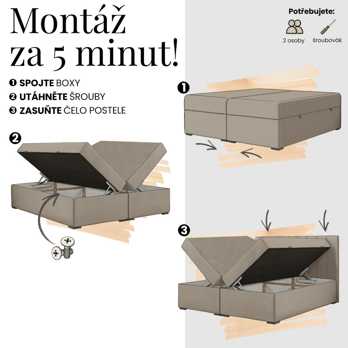 BOXBETT FAST 160/200 Beige Velvet - H3 - Beige, Holz/Textil (160/200cm) - MKS