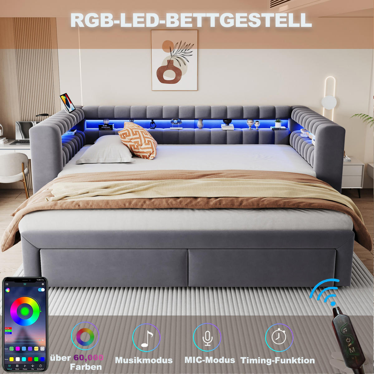 ROZKLÁDACÍ postel 90/190 cm sametová s LED osvětlením, USB-C a úložnými prostory, Šedá - šedá, textil (90/190cm) - Redom