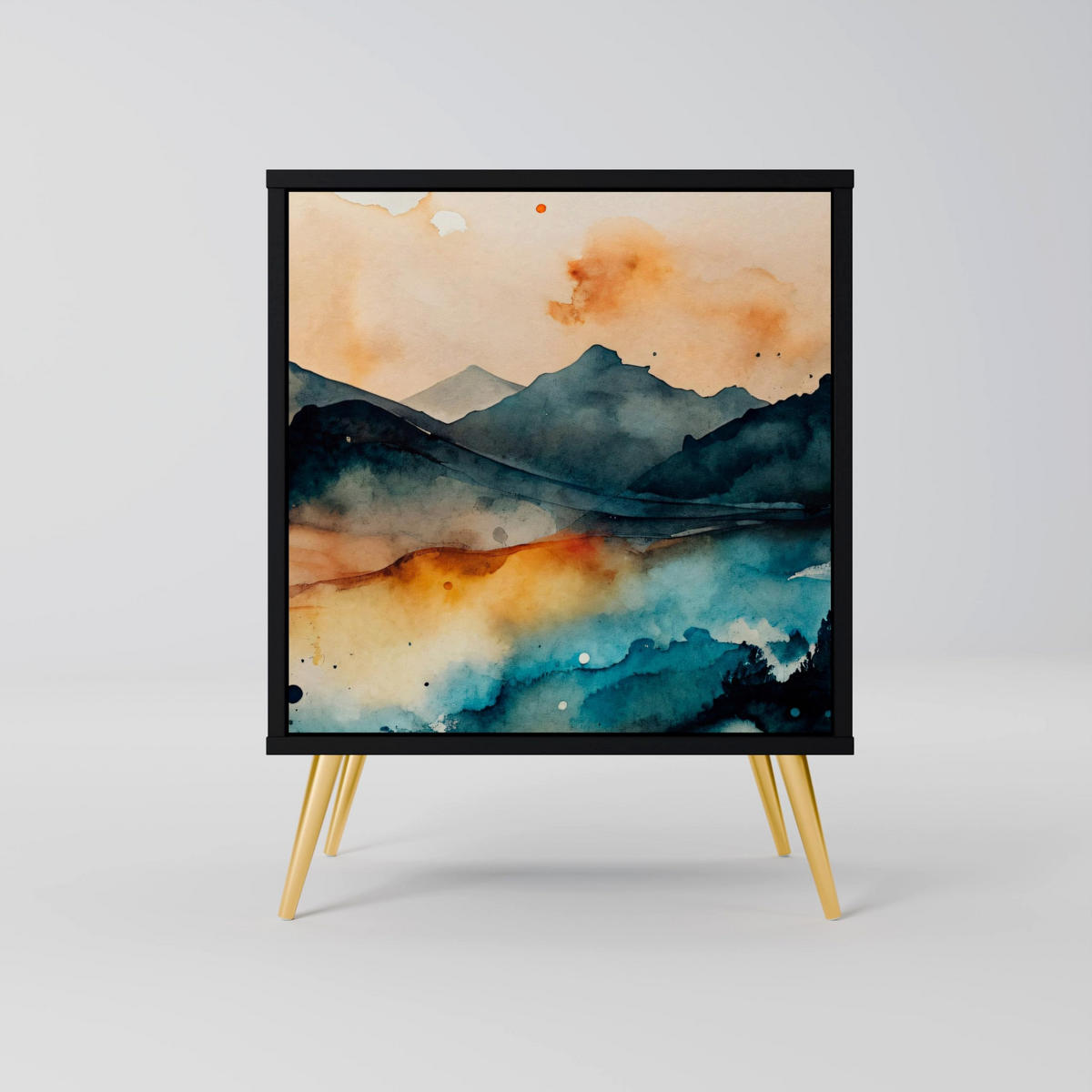 SIDEBOARD OMINOUS MOUNTAINS, Schwarz, 57,5x42x67,5 cm, Schwarze Metall-Rahmenfüße - Multicolor/Schwarz, Holzwerkstoff/Metall (57.5/67.5/42cm) - SpaceRebels