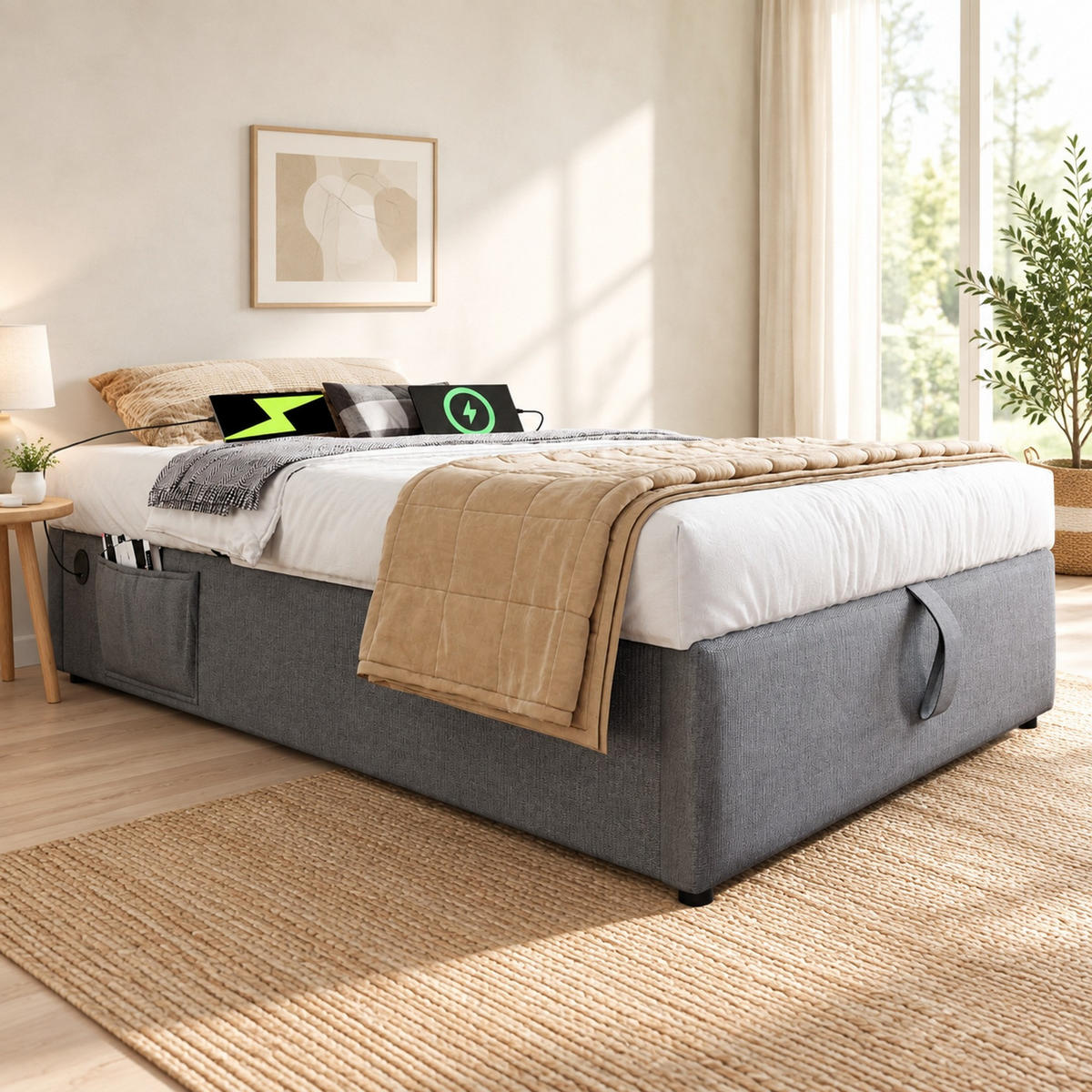 POLSTERBETT 90/200 mit Bettkasten und USB-C-Ladefunktion in Grau - Grau, Holzwerkstoff/Textil (90/200cm) - EVRYAE
