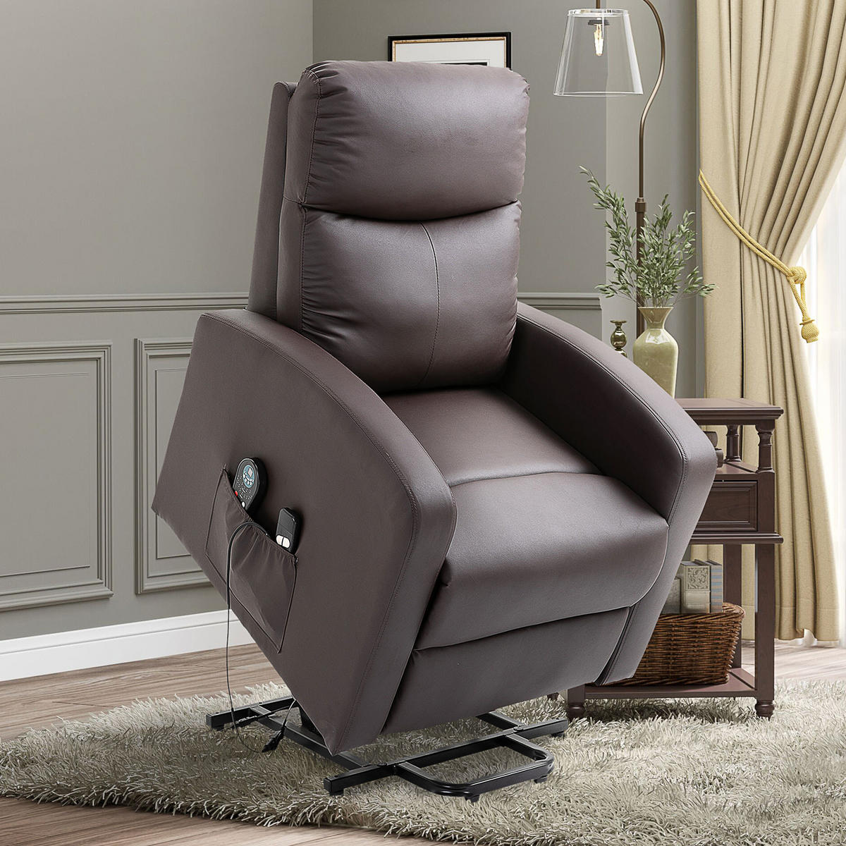 SESSEL mit Aufstehhilfe, Massagesessel mit Liegefunktion, Fernbedienung, Braun - Braun, Kunststoff (89/105/72cm) - HOMCOM