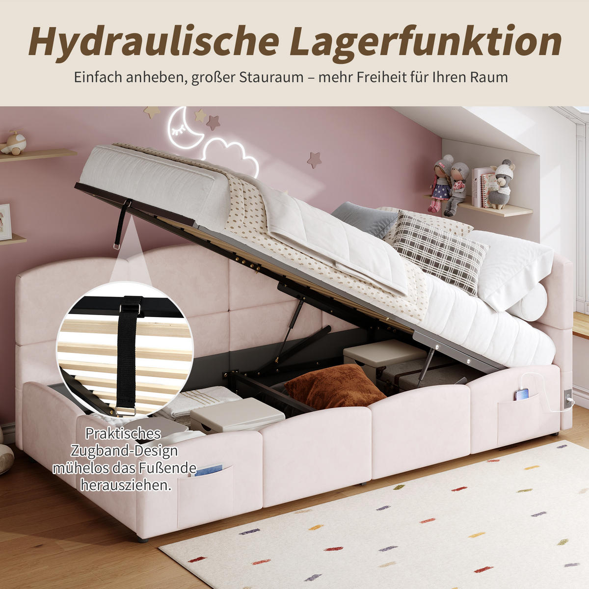POLSTERBETT 90x200 cm Rosa Samt mit USB und Stauraum - Pink, Textil (90/200cm) - FLIEKS