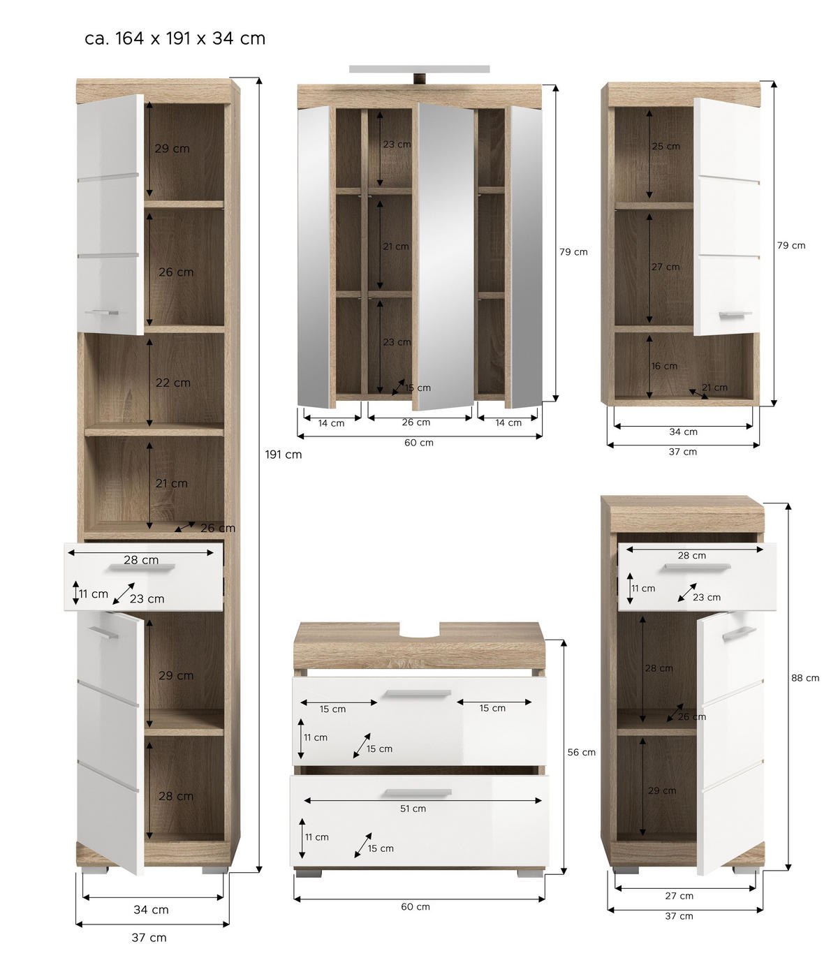 BADKOMBINATION 5tlg. Lambada Bad in Sonoma Eiche hell und weiß hochglanz B/H/T: 164x191x34 cm - Sonoma Eiche, Holz (164/191/37cm)