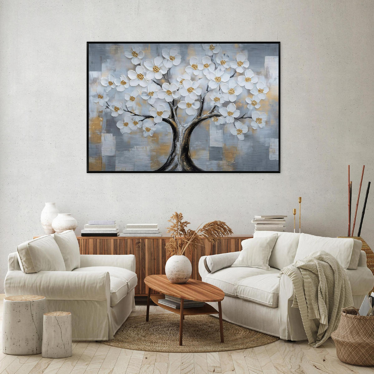 BILDER mit Rahmen Baum Blumen Grau 120x80 cm - Multicolor, Metall (120/80cm) - Wallarena