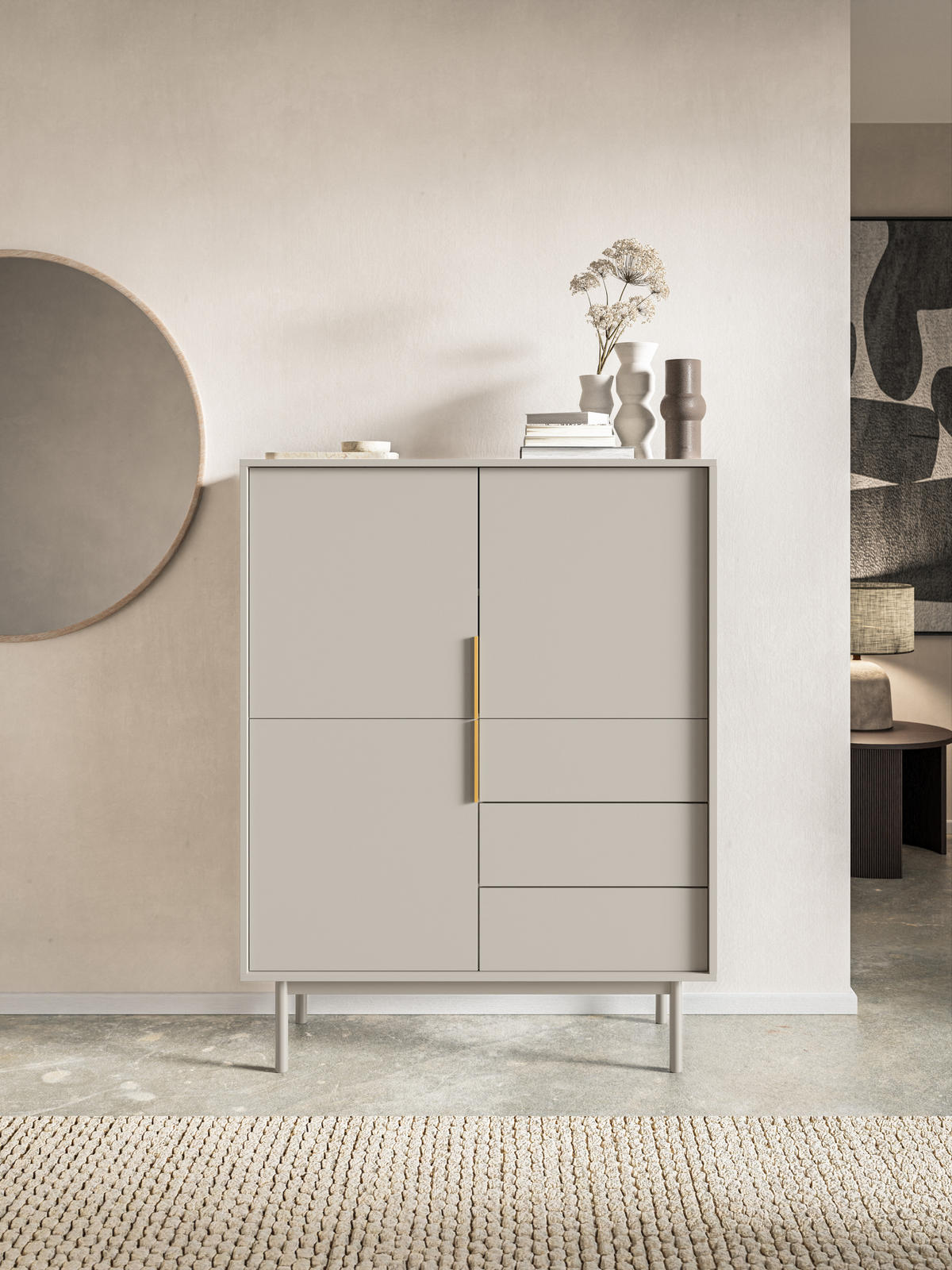 HIGHBOARD Viviaro Graubeige 104 cm - Greige/Goldfarben, Holz/Holzwerkstoff (104/134/39cm) - Selsey