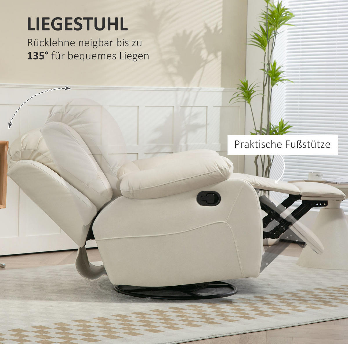 RELAXSESSEL in Cremeweiß 100x93x98 cm mit Liege-, Schaukel- und Drehfunktion - Creme, Textil (93/98/100cm) - IVMEU