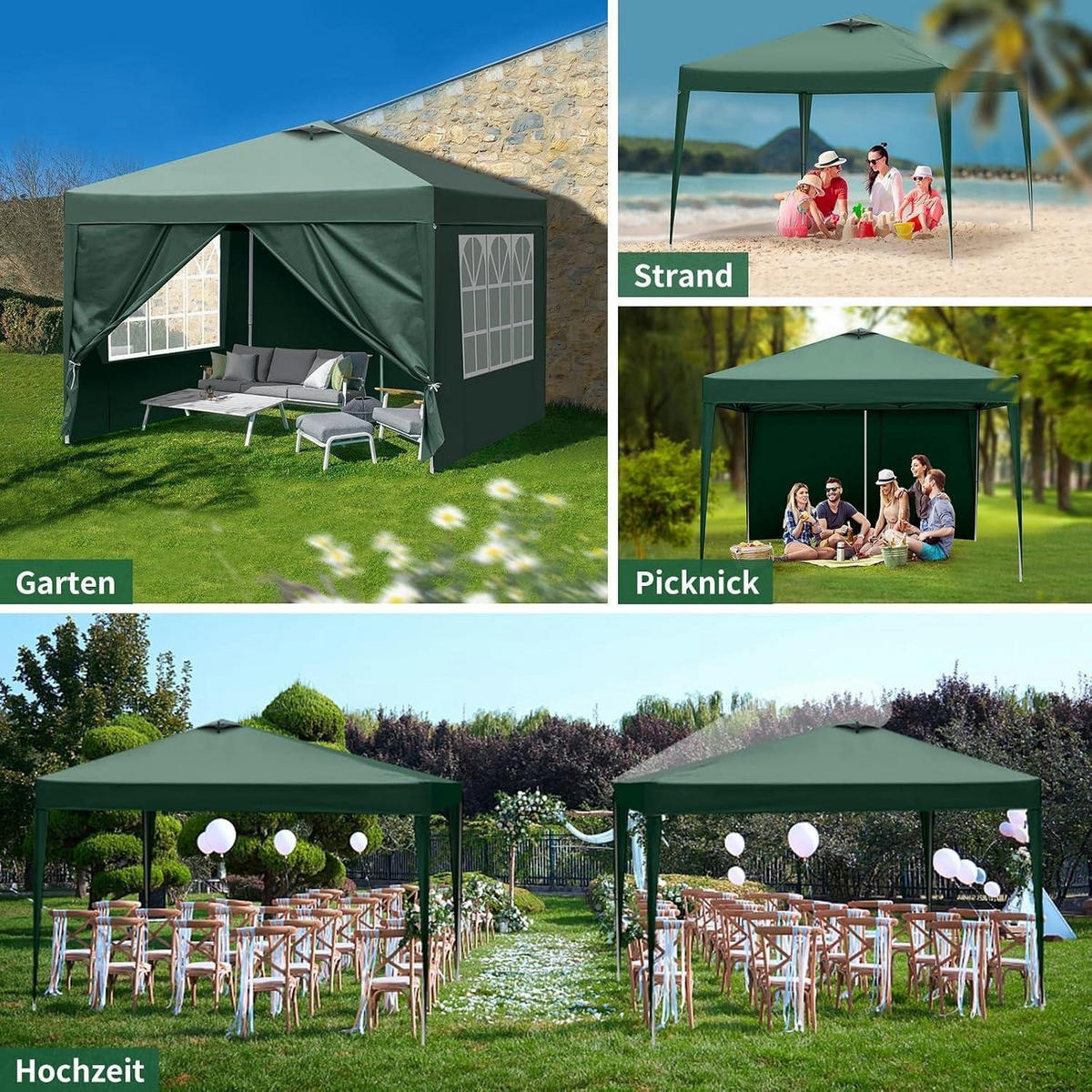 FALTPAVILLON 3x3m Grün Wasserdicht Höhenverstellbar UV-Schutz 50+ - Grün, Textil (300/255/300cm)