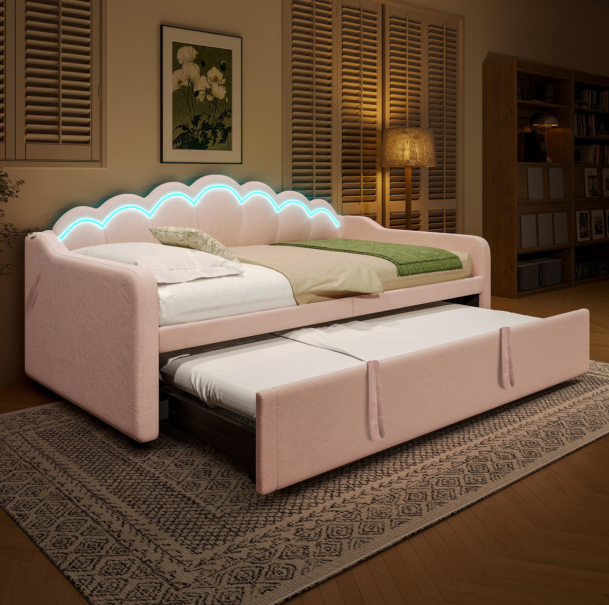 TAGESBETT aus Samt 90x200/180x200 cm Rosa mit Ausziehbett und LED-Beleuchtung, gewelltem Kopfteil - Rosa, Textil (90/200cm) - Modfu