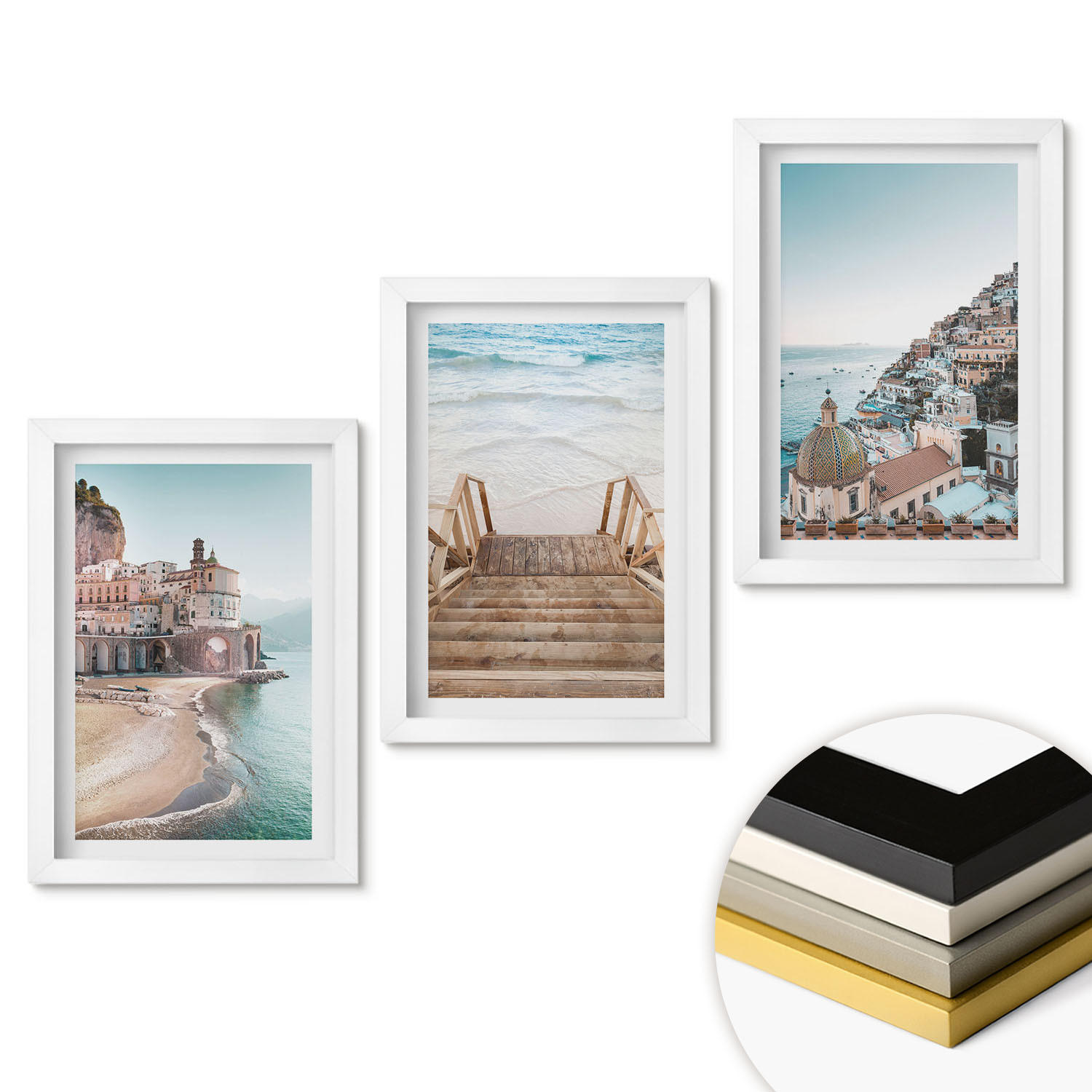 WANDBILDER 3er-Set - 20x30 cm Weißer Rahmen - Sommerliche Strandansichten in Pastellfarben - Weiß, Kunststoff (20/30cm) - ArtPrintCave